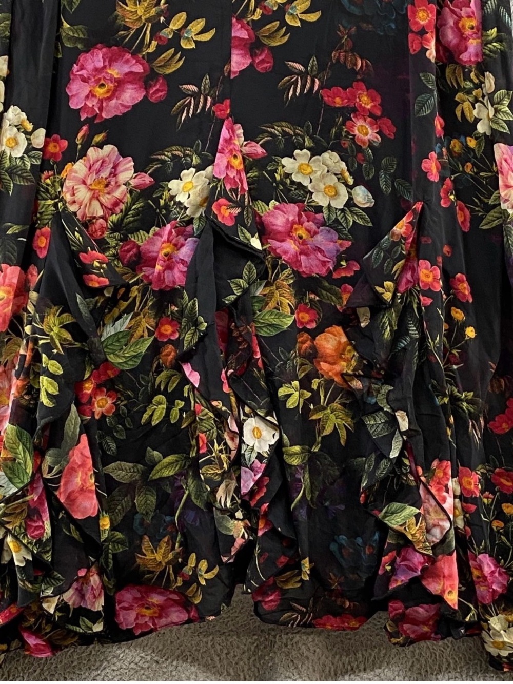 Floral Black Long Sleeve Ruffle Wrap Dress - Picture 8 of 13